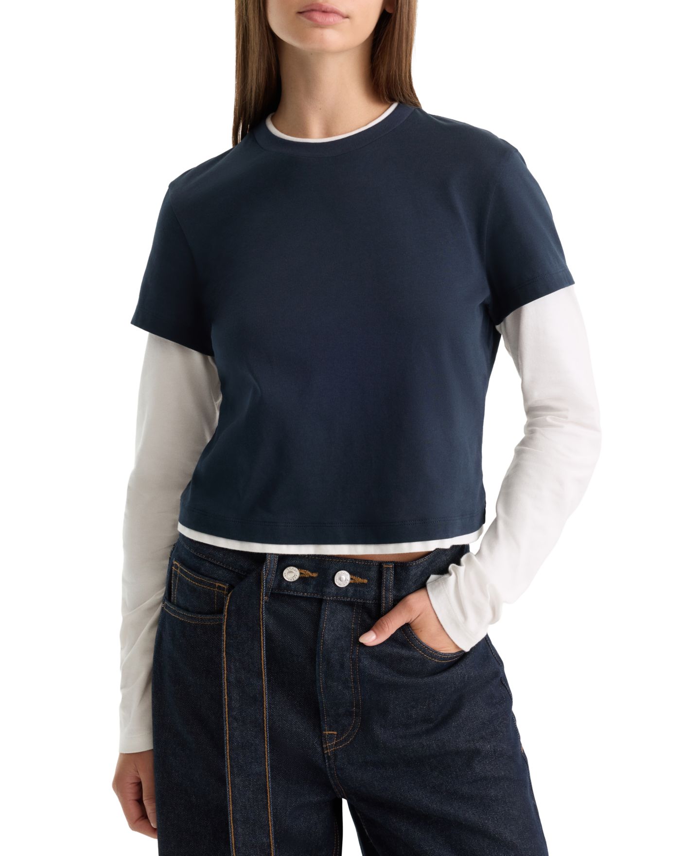 Женская футболка Good American Combo Layered Long-Sleeve, цвет: Тёмно-синий / Белый — фото 1