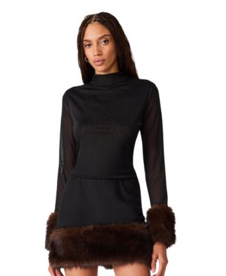 Women's Lilienne Knit Top Faux Fur Mock Neck Sheer Blouse