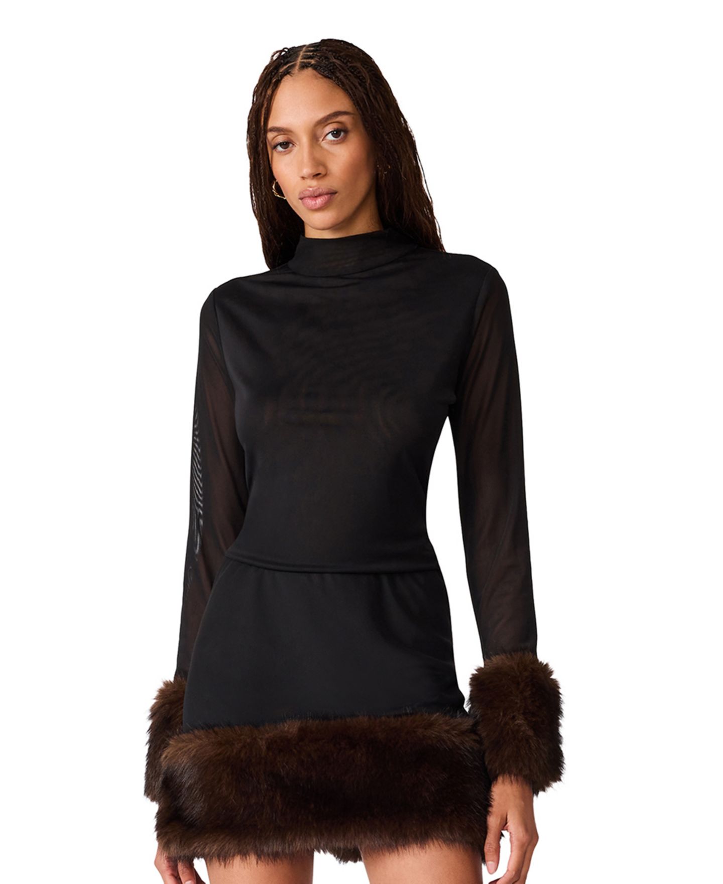 Женская блузка Steve Madden Lilienne Knit Top Faux Fur Mock Neck Sheer, цвет: Чёрный — фото 1