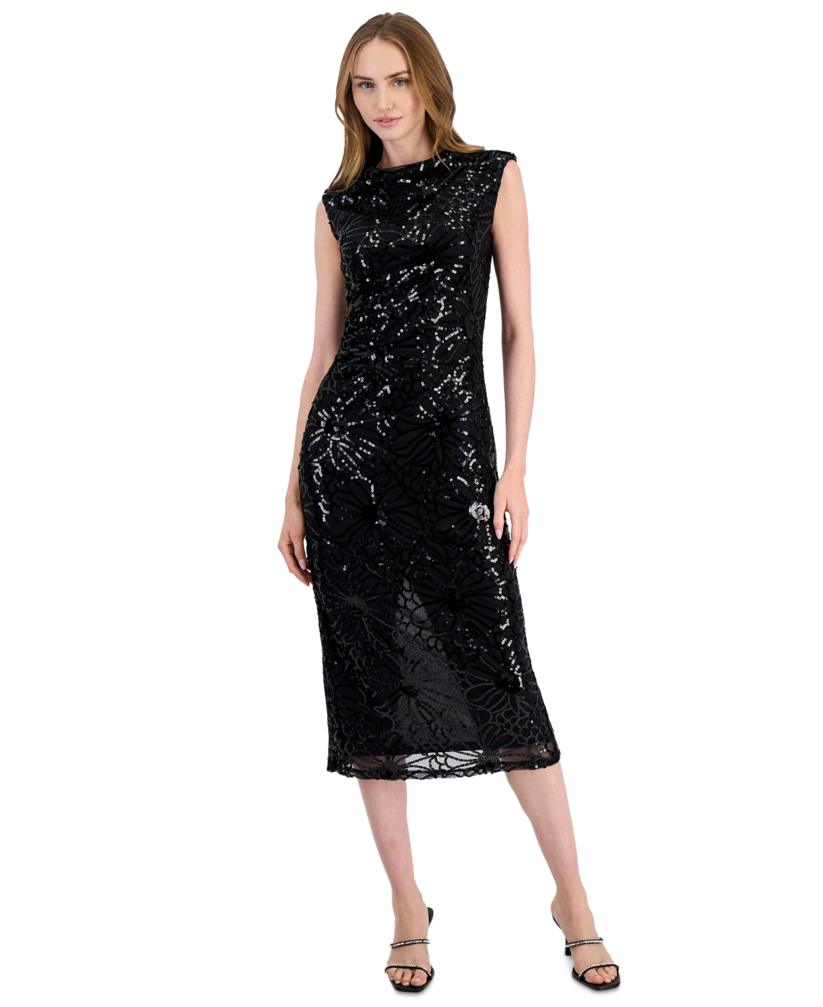 Anne Klein Petite Sequin Cowl Neck Draped Midi Dress
