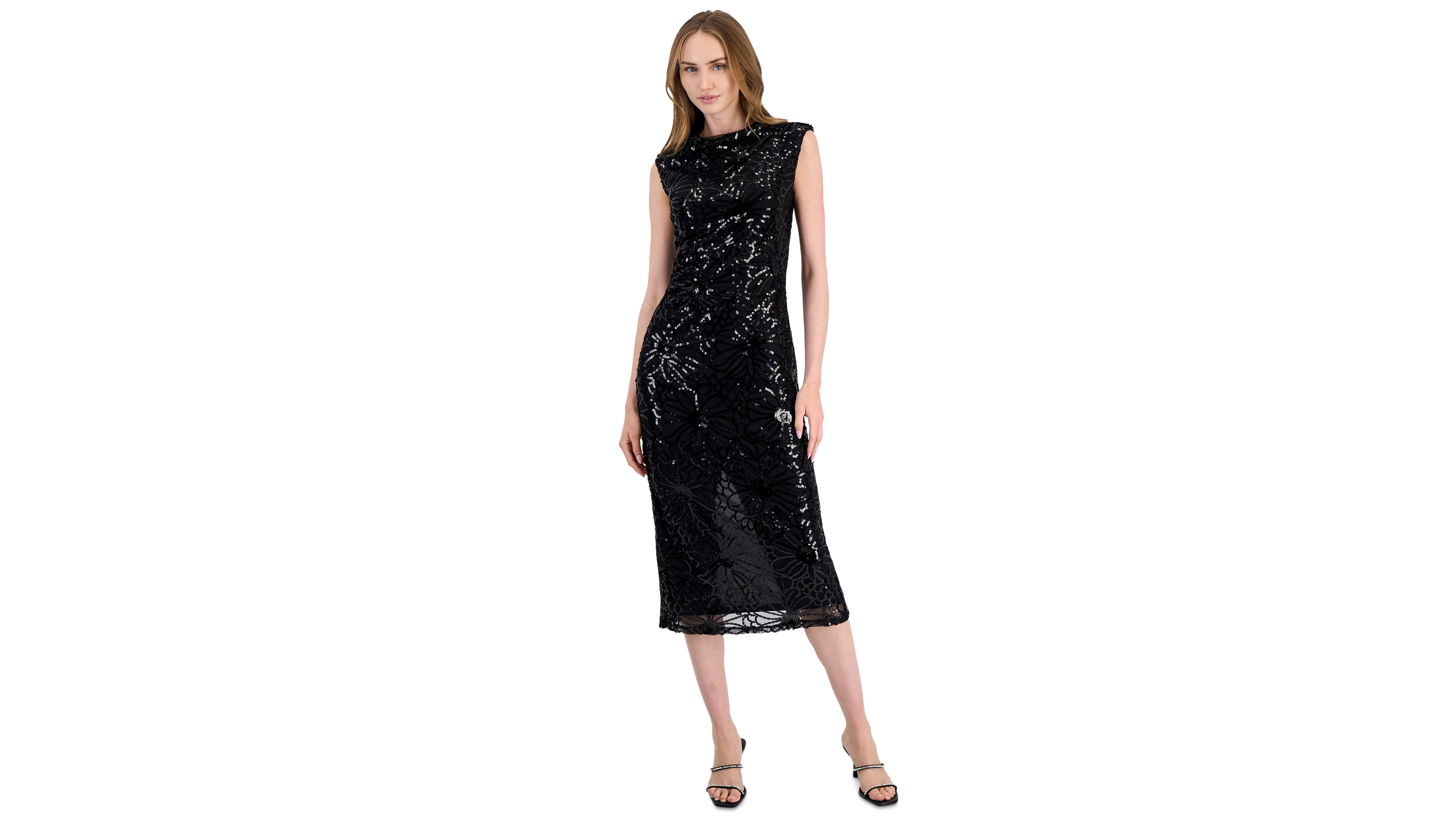 Anne Klein Women's Sleeveless Floral-Sequin Draped-Neck Midi Dress