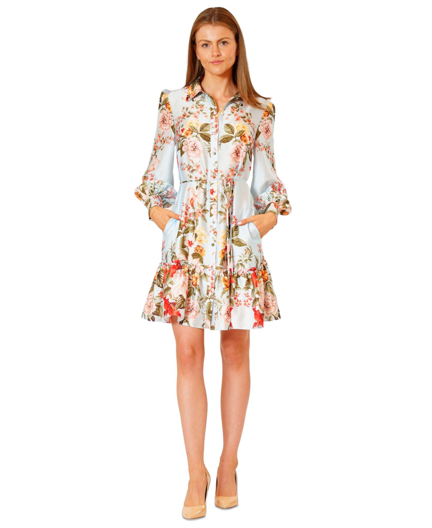 Женское платье julia jordan Printed Button-Front Long-Sleeve Dress, цвет: Синий разноцветный — фото 1