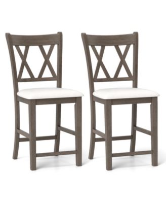 Set of 2 Bar Stools with Cross Back and Linen Fabric Upholstered Seat