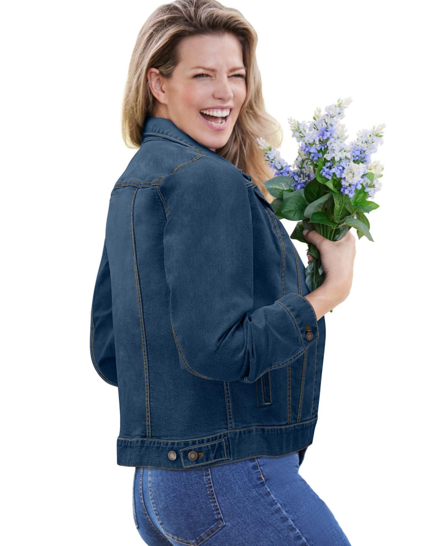 Женская куртка Woman Within Plus Size Stretch Denim Jean, цвет: Средний стоунвош — фото 4