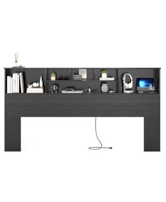Wooden Headboard with Built In Bookcase Storage and LED Lights