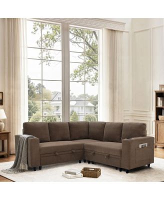 Nubby Upholstered L-Shape Sectional Sofa Bed with Pull-Out Sleeper and Storage