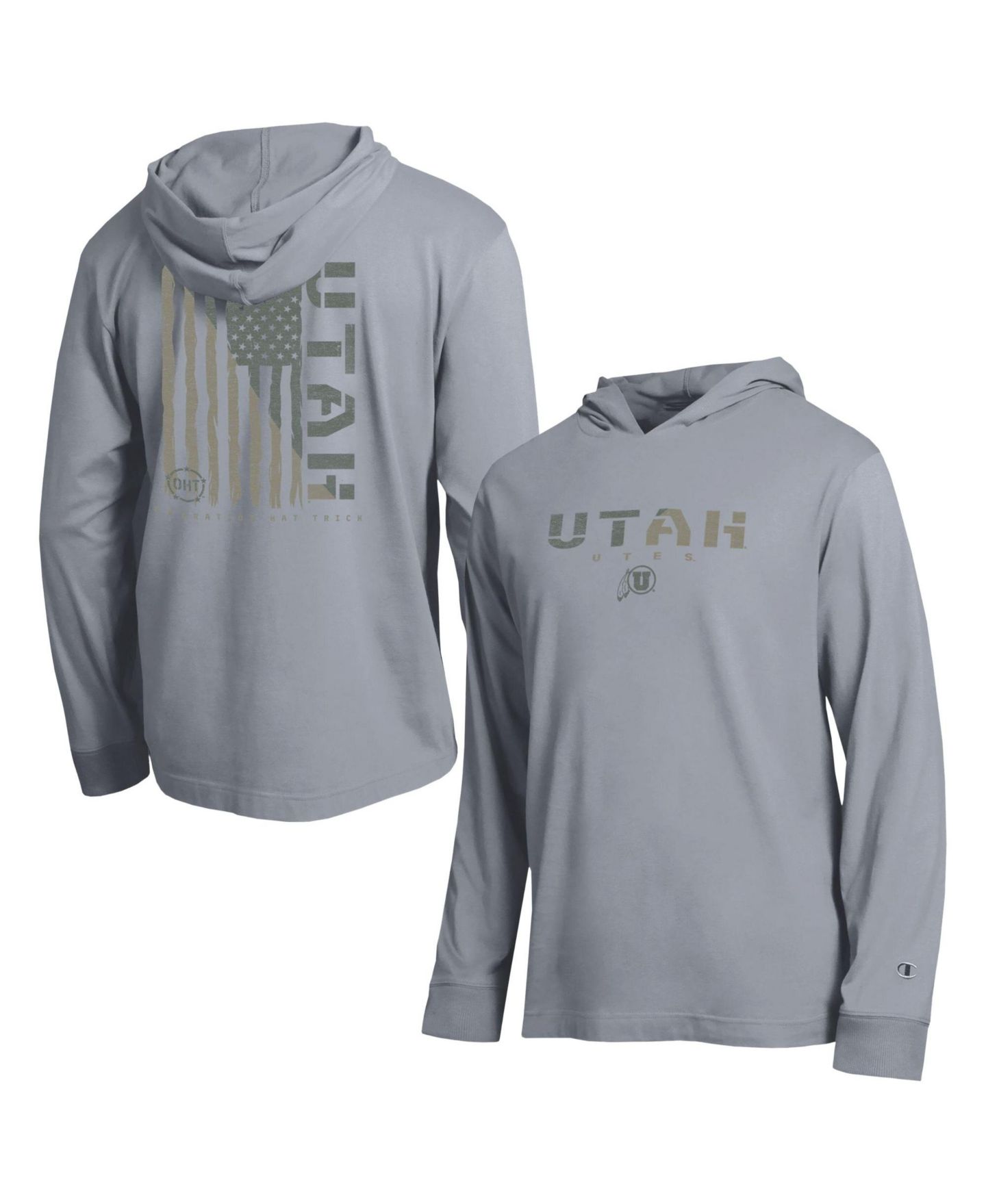 Мужская футболка Champion Gray Utah Utes Operation Hat Trick Flag Hooded Long Sleeve — фото 1