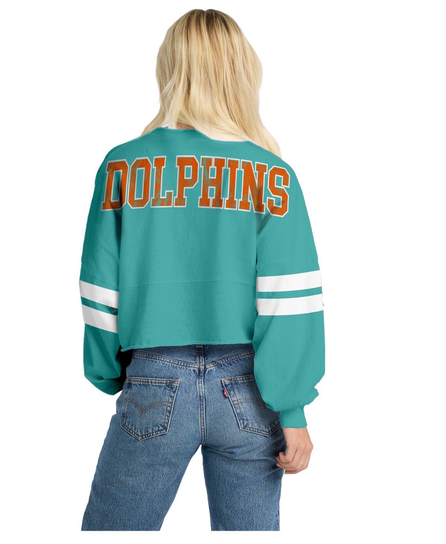 Женская футболка Spirit Jersey Aqua Miami Dolphins Oversized Cropped Stripe Long Sleeve — фото 2