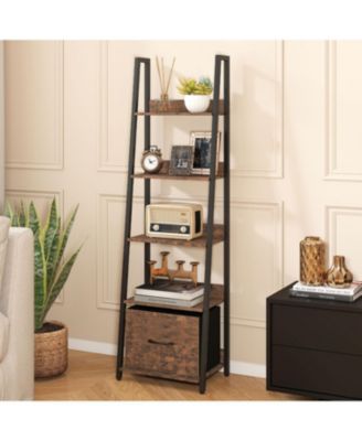 5-Tier Ladder Bookshelf with Fabric Drawer, Narrow Industrial Bookcase