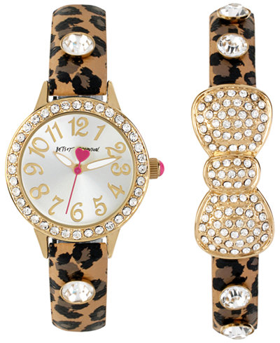 Betsey Johnson Women's Brown Leopard Printed Imitation Leather Strap Watch & Bangle Bracelet Set 30mm BJ00536-39