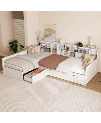 Twin L-Shaped Wooden Daybed with Trundle, Storage Drawer and Bookcases