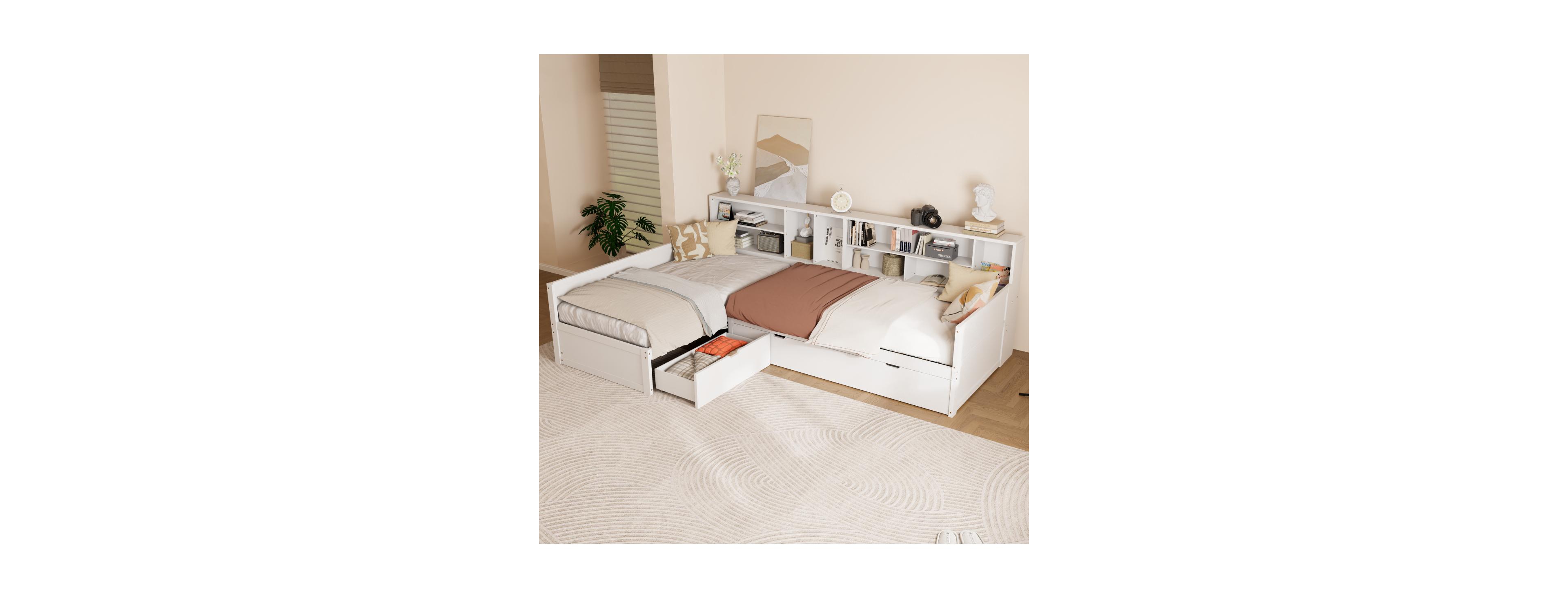 Streamdale Furniture Twin L-Shaped Wooden Daybed with Trundle, Storage Drawer and Bookcases