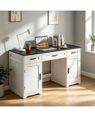 Farmhouse Executive Desk with Drawers 55 Inch Wood Home Office Desk 3 File Drawers 2 Cabinets for Work Study