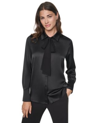 Women's Satin Long-Sleeve Chiffon Neck Tie Blouse