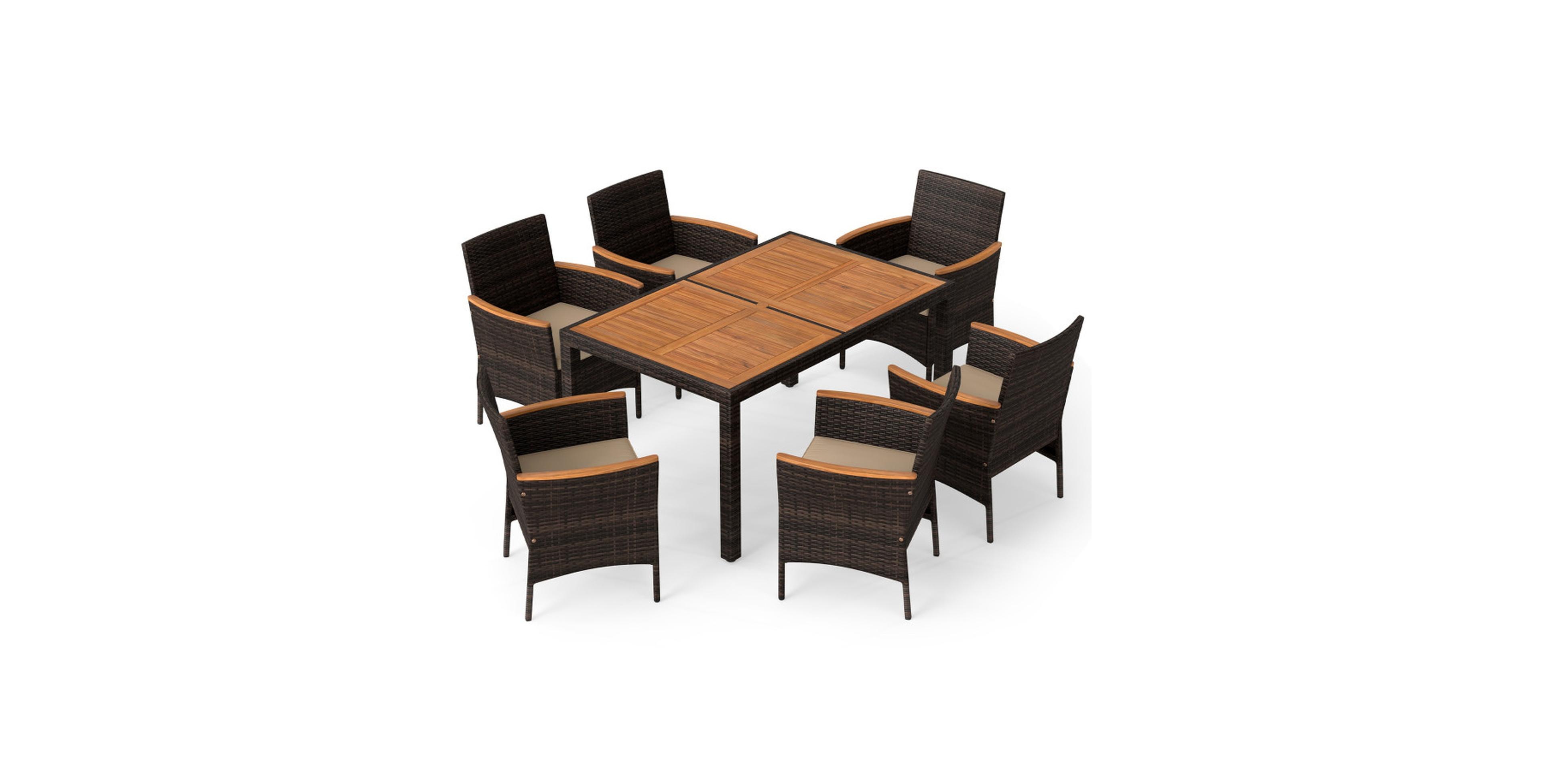 Gouun 7-Piece Wicker and Acacia Wood Outdoor Patio Dining Set