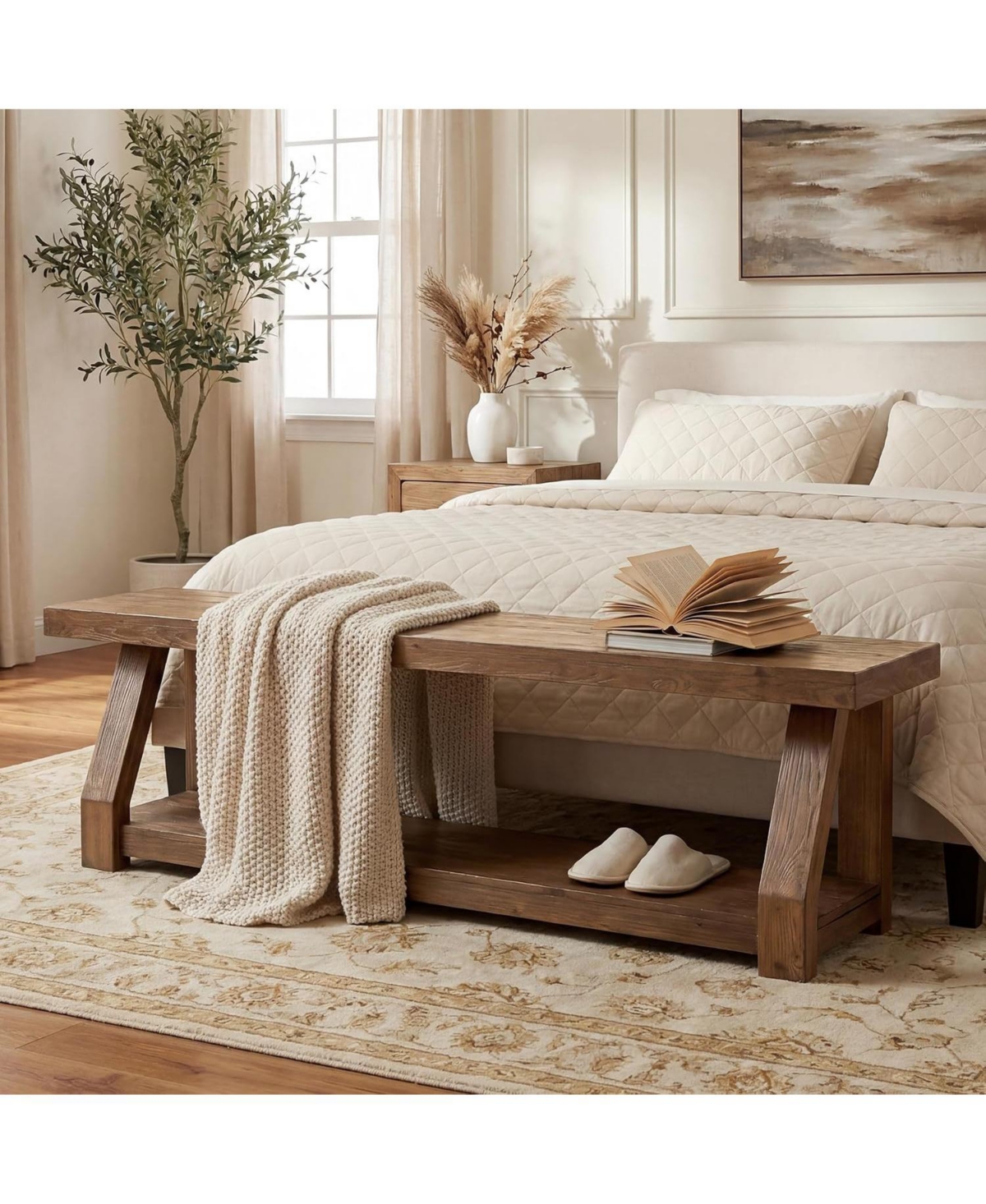 Tribesigns 63" Solid Wood Bench, 2-Tier Entryway Bench with Shoe Storage, Rustic Hallway Accent Benches - Rustic brown