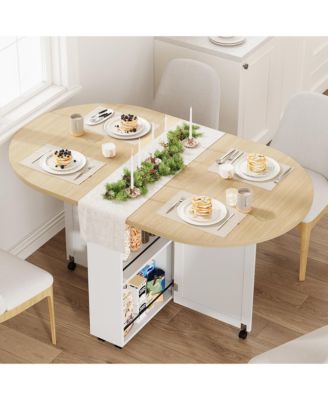 3-in-1 Folding Dining Table with Wine Rack and Cup Holder Lockable Casters, Drop Leaf Oval Folding Kitchen Table for Small Spaces