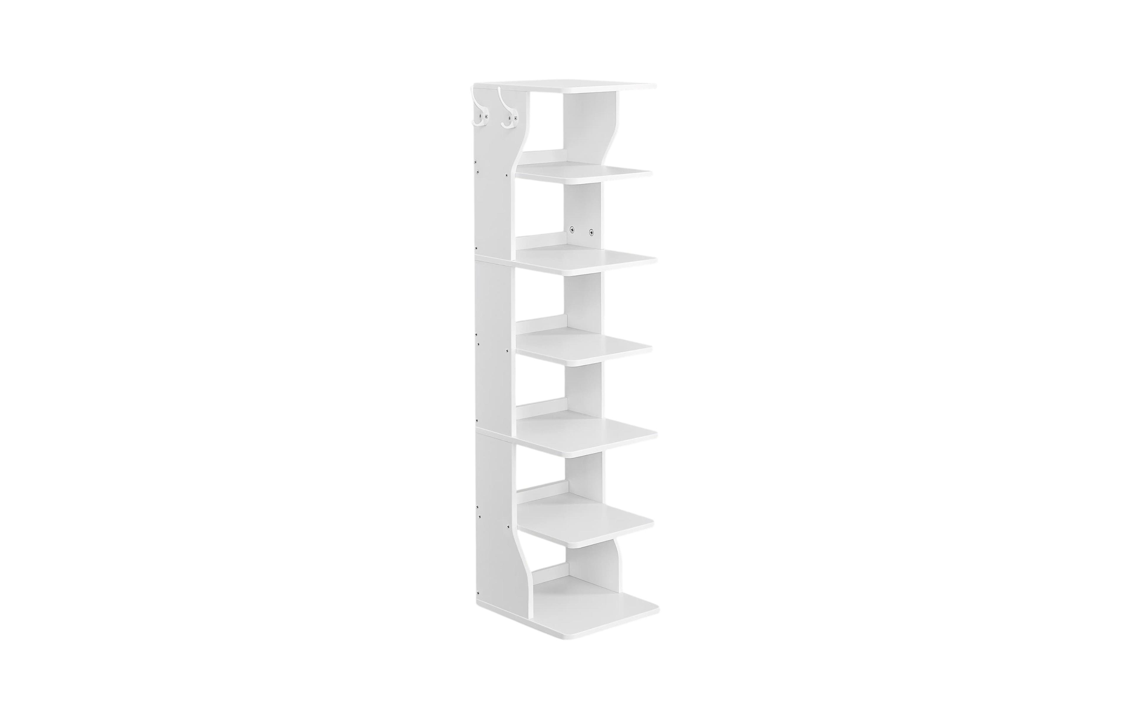 Slickblue Freestanding Tall Shoe Rack with Hooks and Storage Shelves for Bedroom