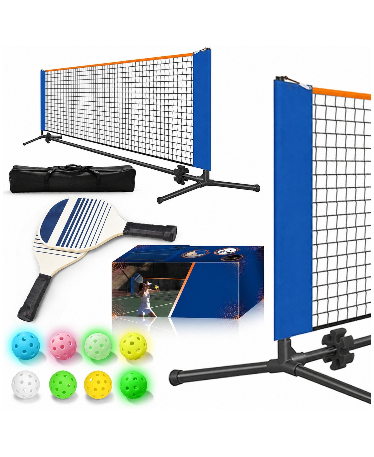 Sportneer 10 Ft Portable Pickleball Net Set With Paddles Balls Carry Bag For Indoor Outdoor - Blue