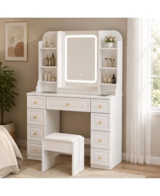 39.4" Vanity Desk with Lighted Mirror, 9 Drawers and Tempered Glass Top,Makeup Table