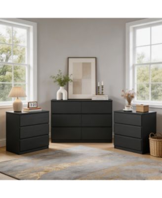 6-Drawer Dresser + 2-Pack 3-Drawer Nightstands Bedroom Storage Set