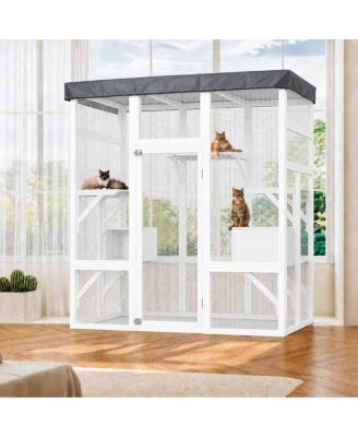 70'' Outdoor Catio, Waterproof Roof Cat Enclosure with Window Access, 5 Platforms and 2 Resting Boxes for Patio, Backyard