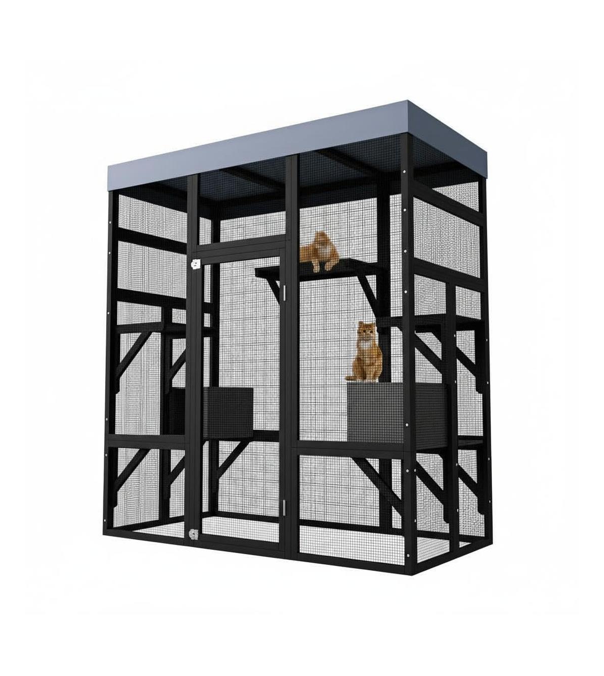 Lalfpet 70'' Outdoor Catio, Waterproof Roof Cat Enclosure with Window Access, 5 Platforms and 2 Resting Boxes for Patio, Backyard