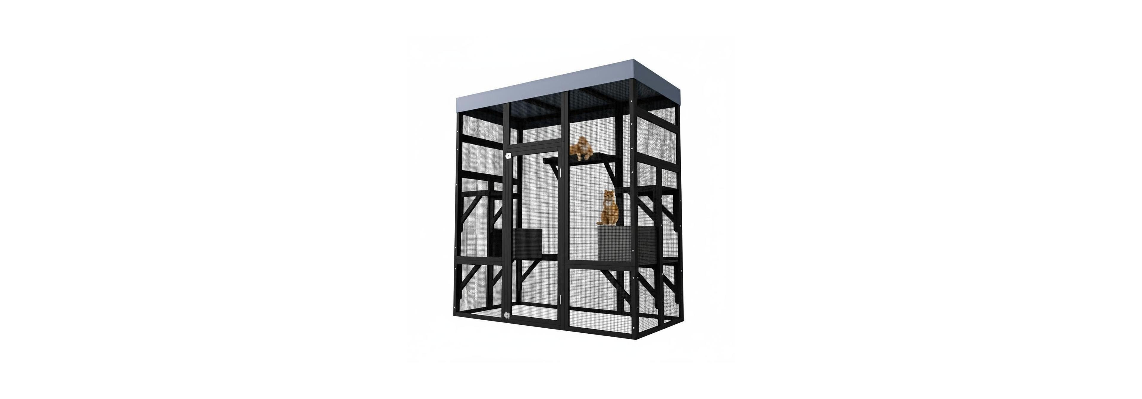 Lalfpet 70'' Outdoor Catio, Waterproof Roof Cat Enclosure with Window Access, 5 Platforms and 2 Resting Boxes for Patio, Backyard