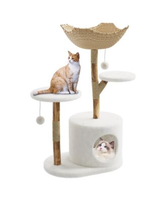 Modern 43" Solid Wood Cat Tree Tower with Branch, Scratching Posts and Platforms
