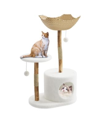 43-Inch Wood Cat Tree with Scratching Post and Hanging Toys