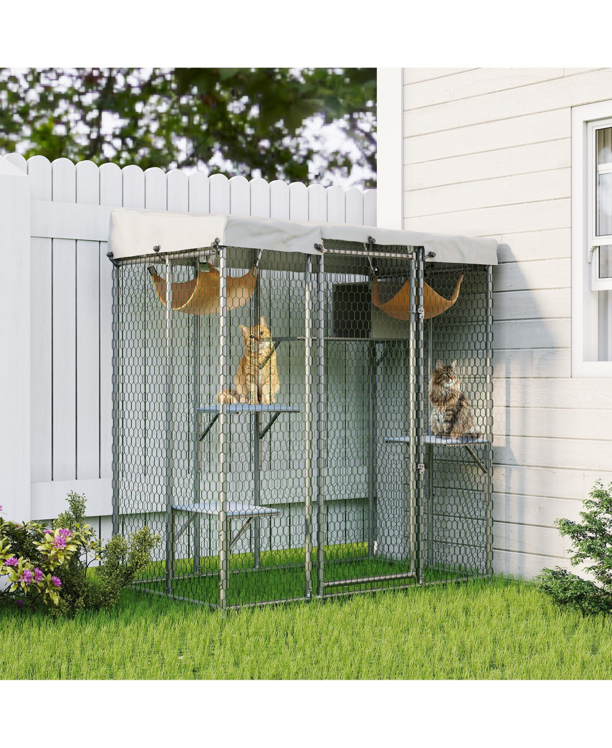 Lalfpet 79" Outdoor Catio Enclosure with Waterproof Roof, 4 Platforms and 2 Hammocks
