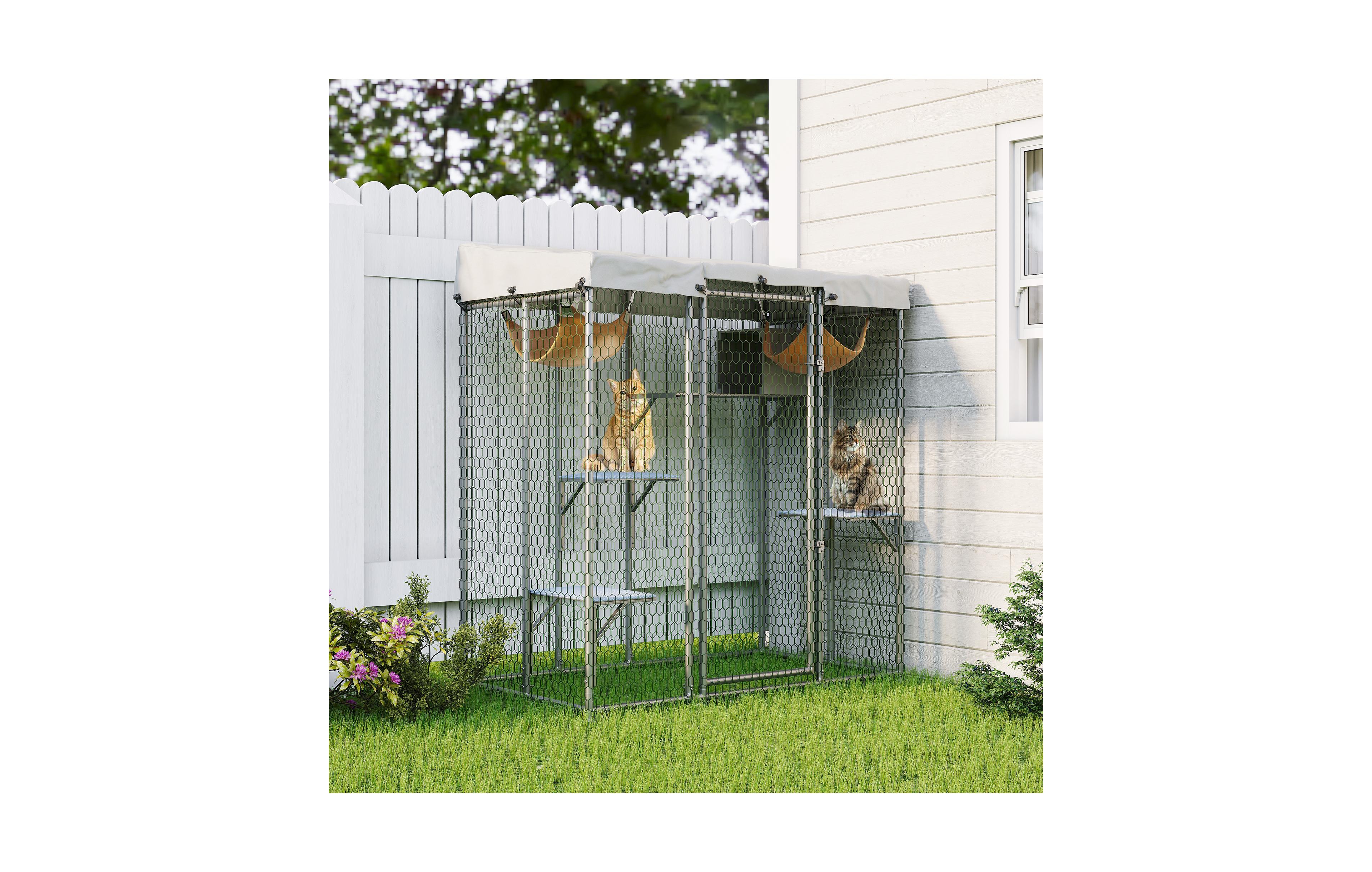 Lalfpet 79" Outdoor Catio Enclosure with Waterproof Roof, 4 Platforms and 2 Hammocks
