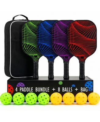 Pickleball Paddles Set of 4 Fiberglass Surface 14mm Polypropylene Core 8 Balls Carry Bag