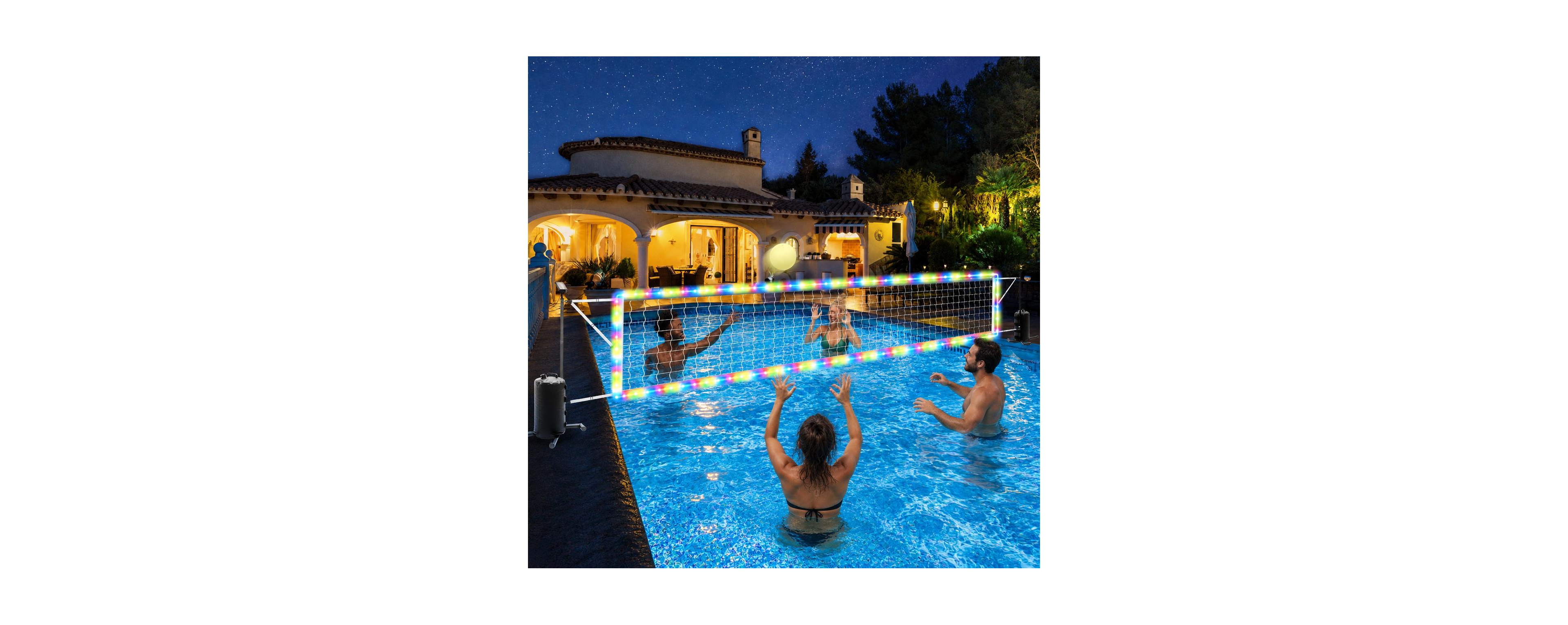 Furlihong Inground Pool Volleyball Net Set Solar Led Lights Adjustable 15 to 32ft Stability Bags