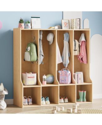 4-Section Classroom Coat Locker with 4 Cubbies, Daycare Cubby Storage Organizer with 8 Hooks for Home, School, Nursery, Kindergarten