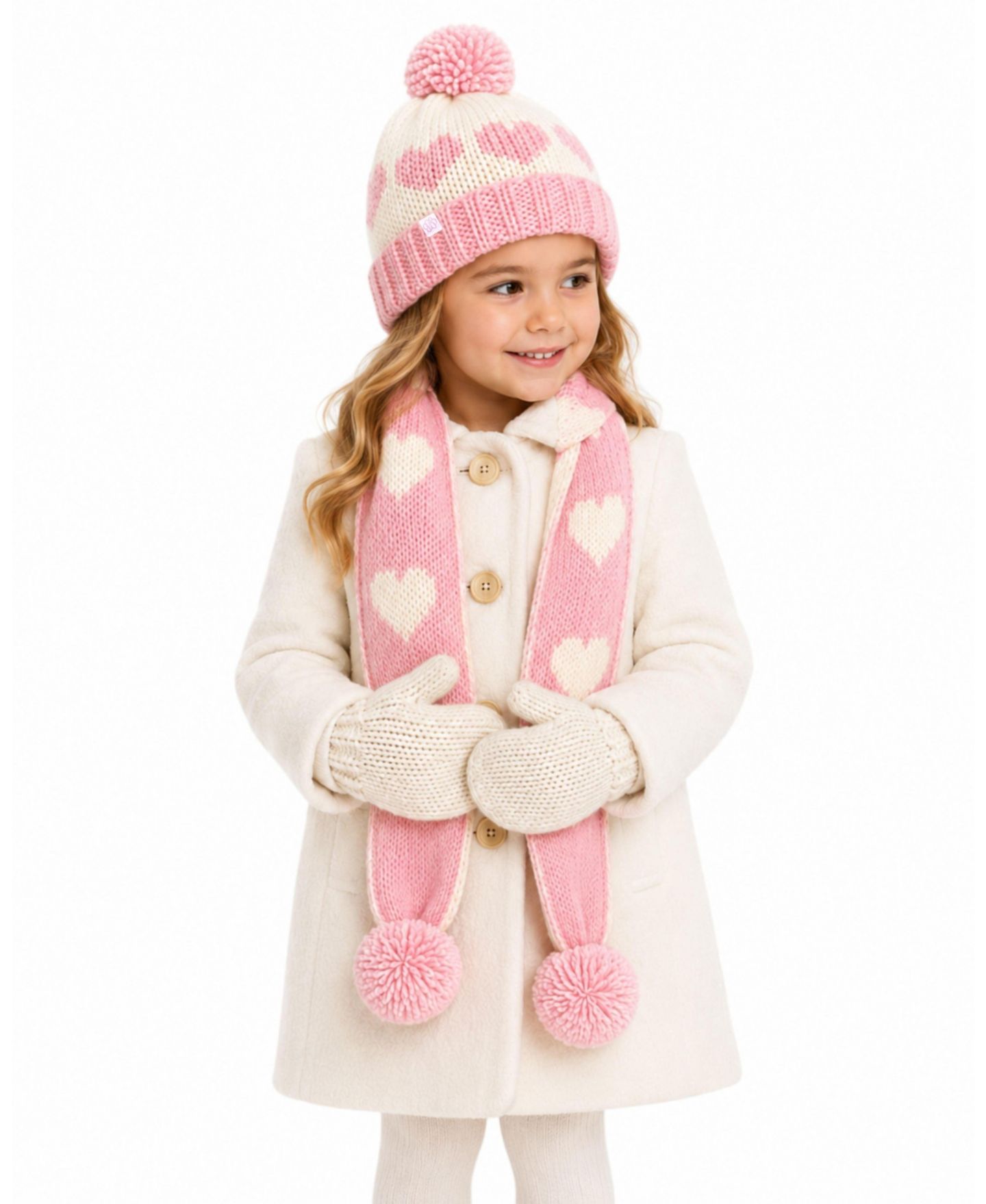 Шапка Bits & Bows Hearts Pom-Pom Beanie для девочек, цвет: Кремовый / Розовый — фото 2