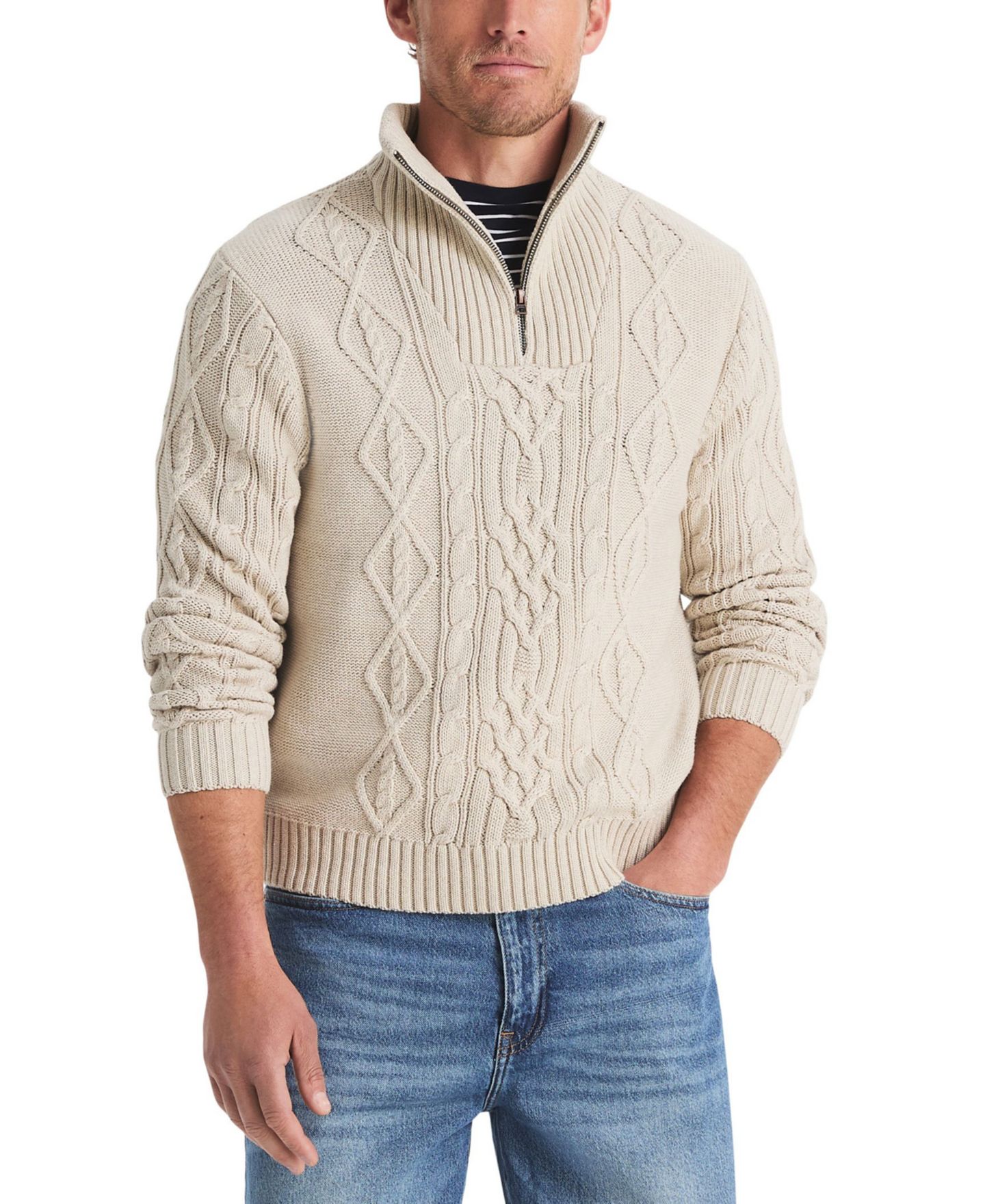 Мужской свитер Nautica Cable-Knit Quarter-Zip Stone-Washed, цвет: Овсяный меланжевый — фото 1
