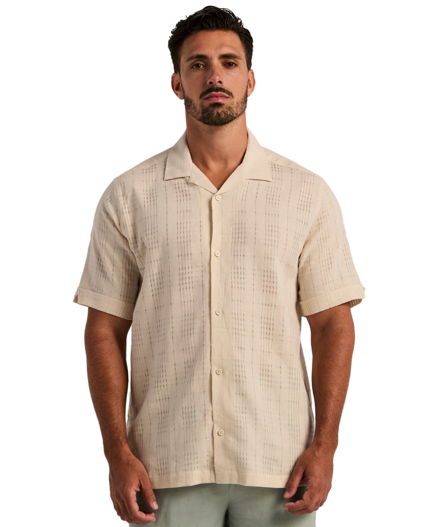 Мужская рубашка Cubavera Linen-Blend Camp-Collar Short-Sleeve Classic-Fit, цвет: Rainy Day — фото 1