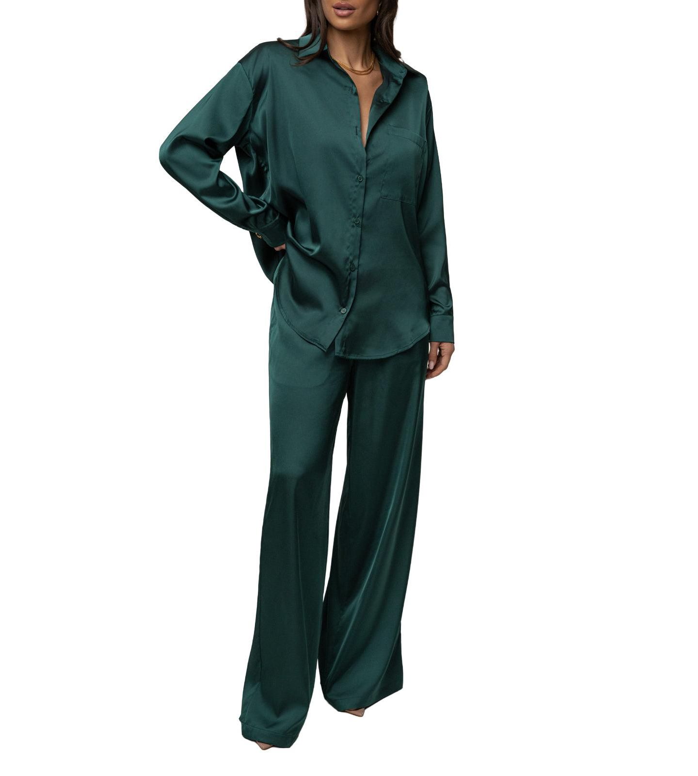 Женская блузка JLUXLABEL Island Ease Long-Sleeve Button-Down Satin, цвет: Изумрудный — фото 8