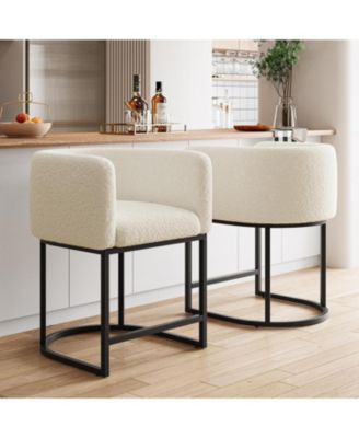 Bar Stools Set of 2 with Lambswool Cushioned Seats, Modern Upholstered Counter Height Bar Stools with Backrest and Arms, Metal Frames