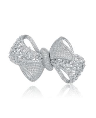 White Gold Plated Cubic Zirconia Ribbon Bow-Tie Brooch/Pin