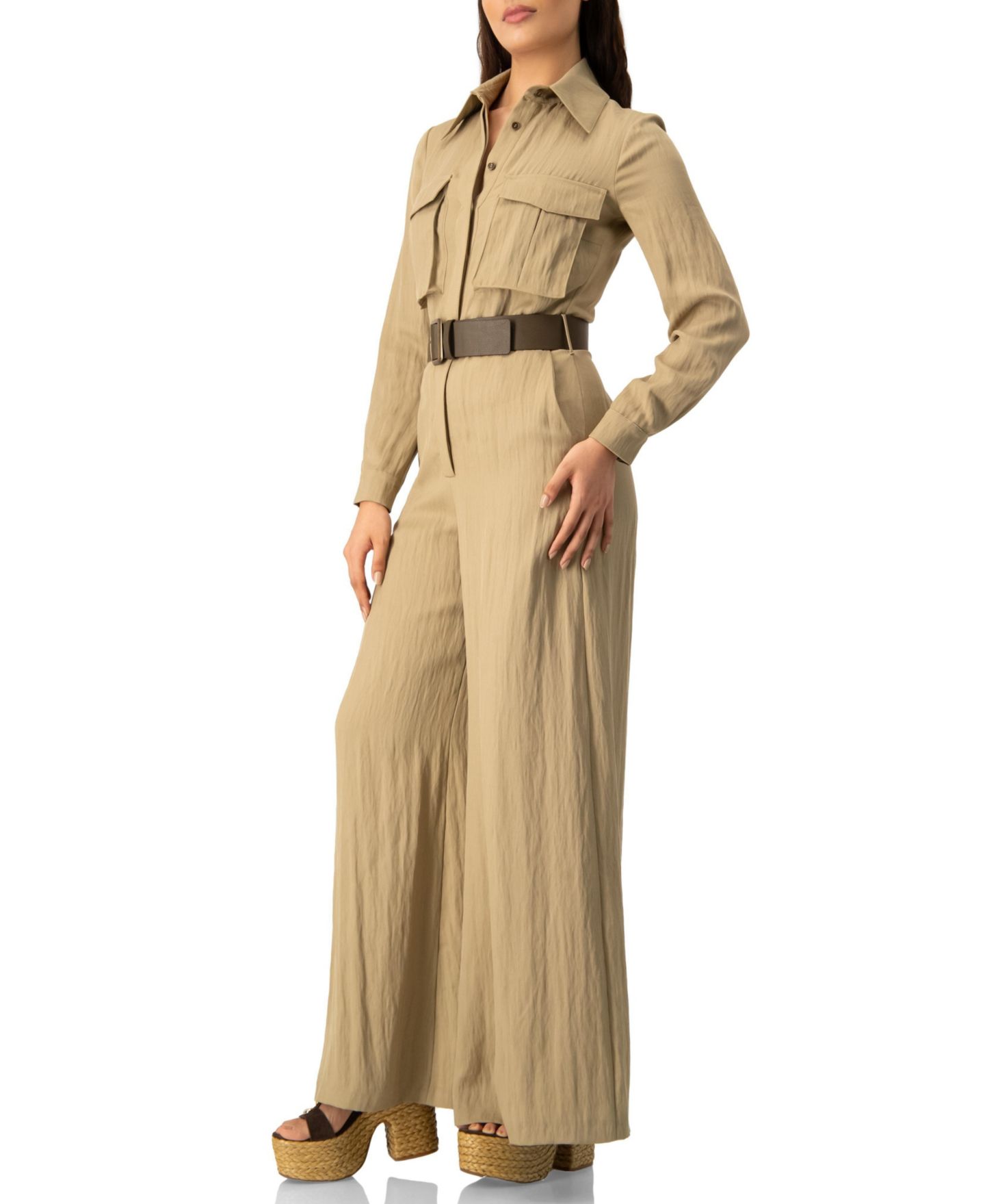 Женский комбинезон Ivonne Long Sleeve Button-Front Safari Utility Wide-Leg Jumpsuit, цвет: Хаки — фото 3