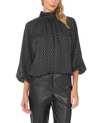 Women's Polka Dot Bubble-Sleeve Mock Neck Blouse