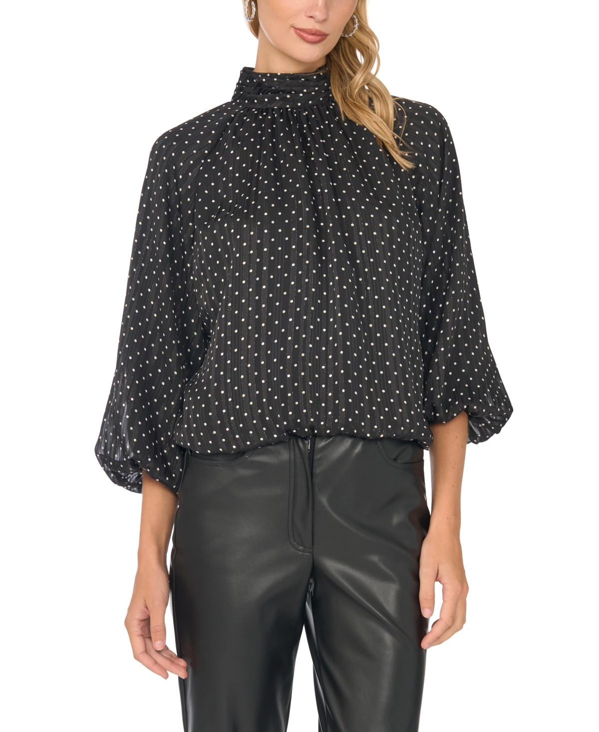 Vince Camuto Women's Polka Dot Bubble-Sleeve Mock Neck Blouse