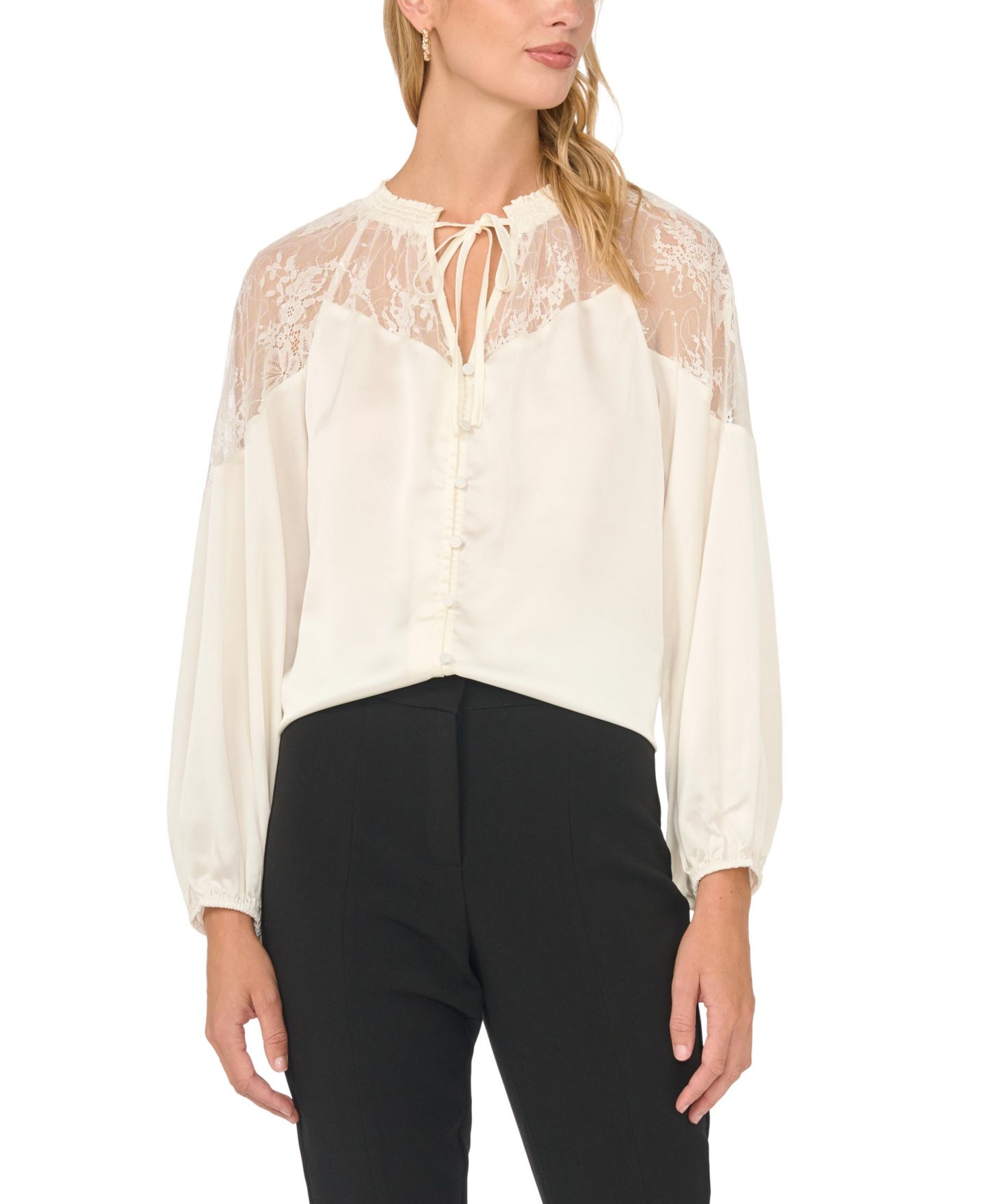 Женская блузка Vince Camuto Lace-Insert Ruffle Long-Sleeve, цвет: Слоновая кость — фото 1