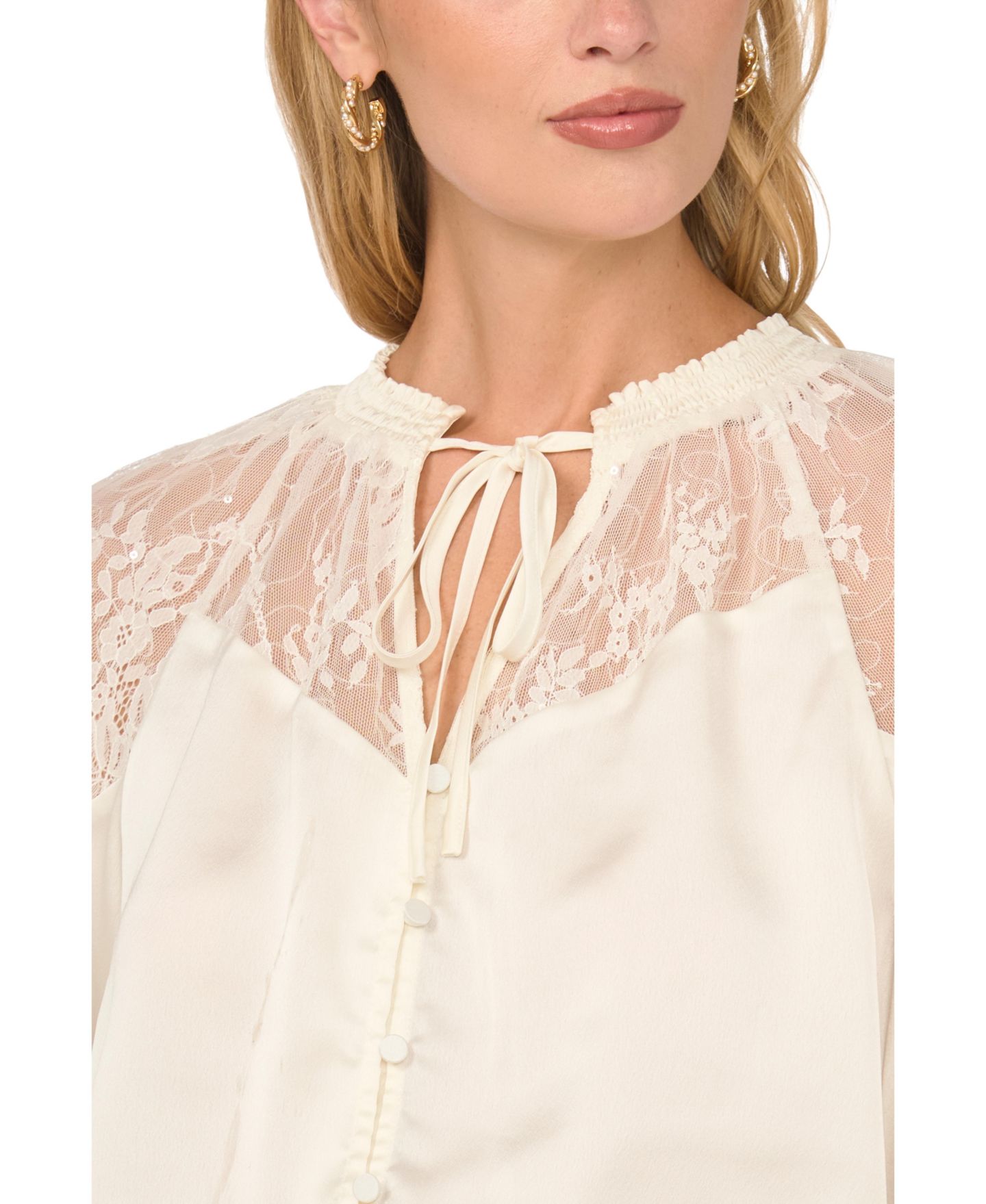 Женская блузка Vince Camuto Lace-Insert Ruffle Long-Sleeve, цвет: Слоновая кость — фото 4