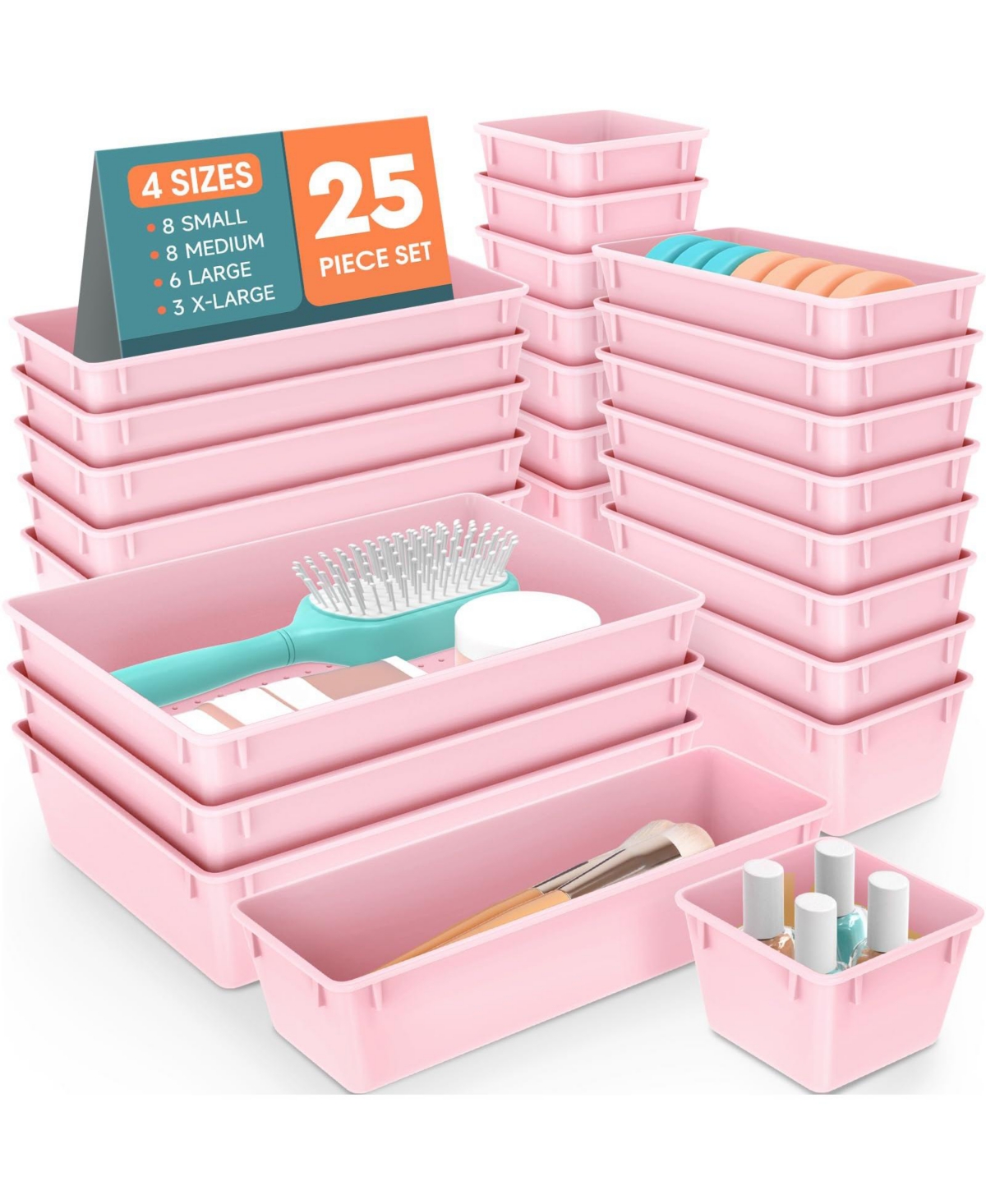 Aeelike Clear Plastic Drawer Organizer Bins 25 Pack Stackable Storage Set - Pink