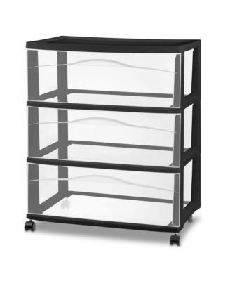 Wide 3 Drawer Storage Cart, Plastic Rolling Organizer, Black Frame