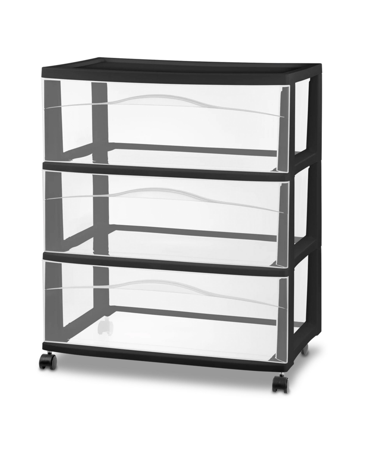 Sterilite Wide 3 Drawer Storage Cart, Plastic Rolling Organizer, Black Frame