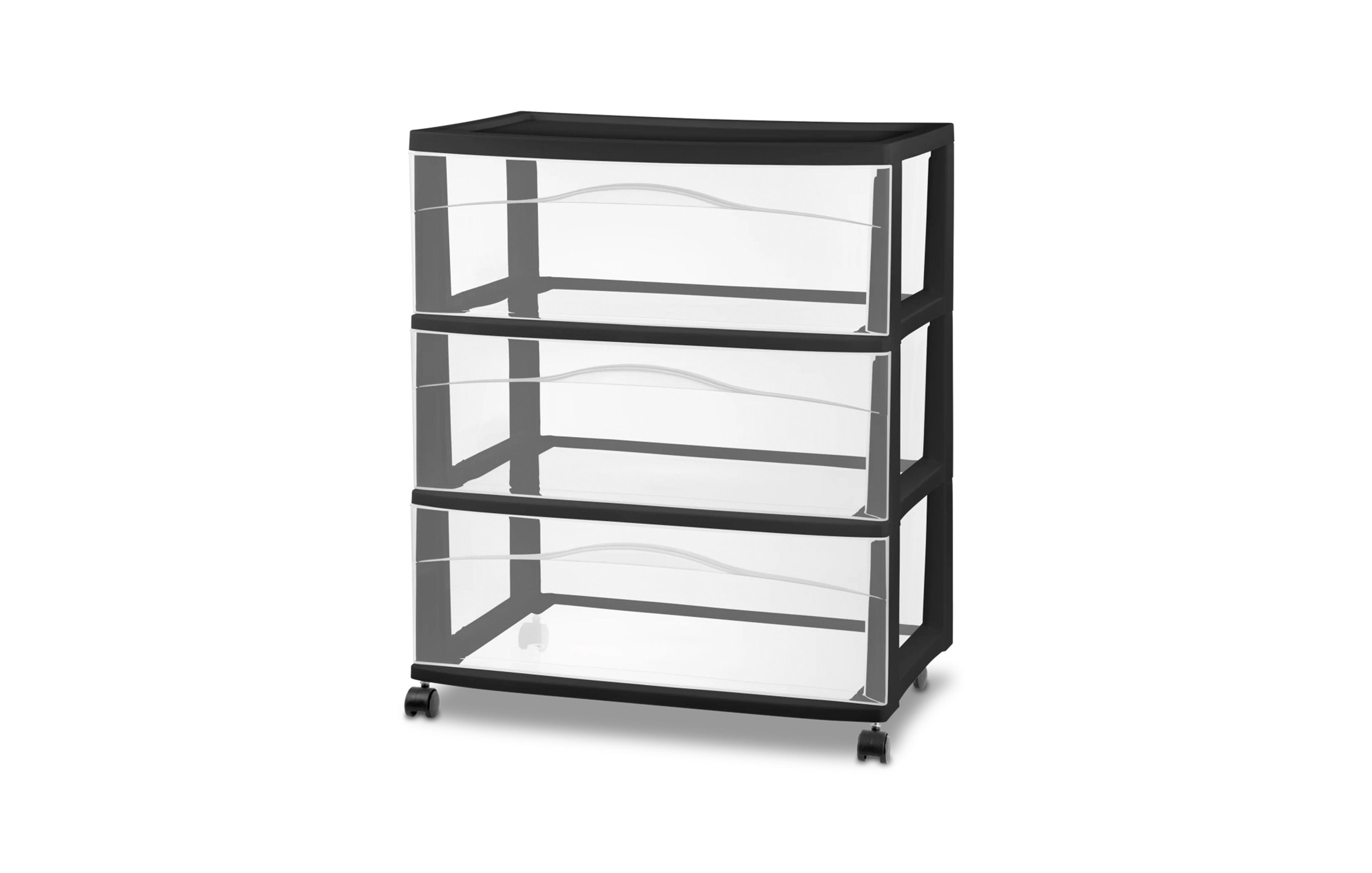 Sterilite Wide 3 Drawer Storage Cart, Plastic Rolling Organizer, Black Frame